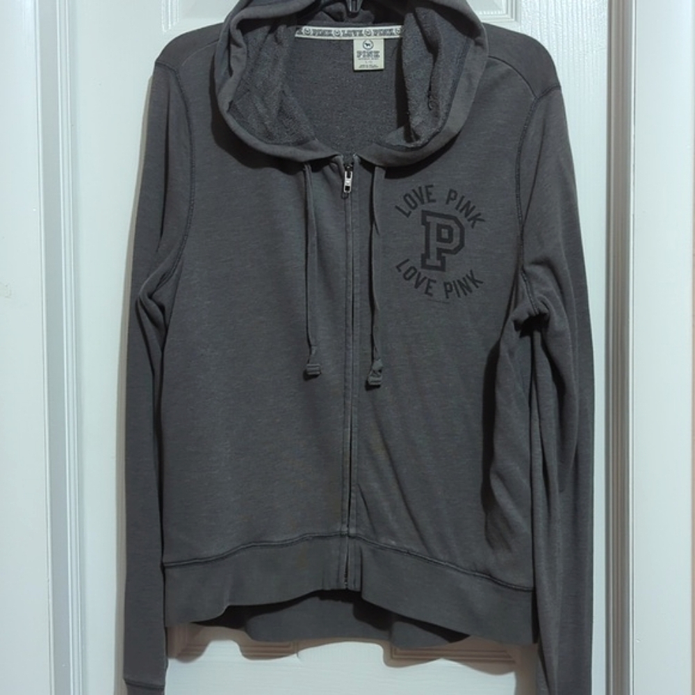 PINK by Victoria's Secret Full-Zip Gray Hoodie Size Large